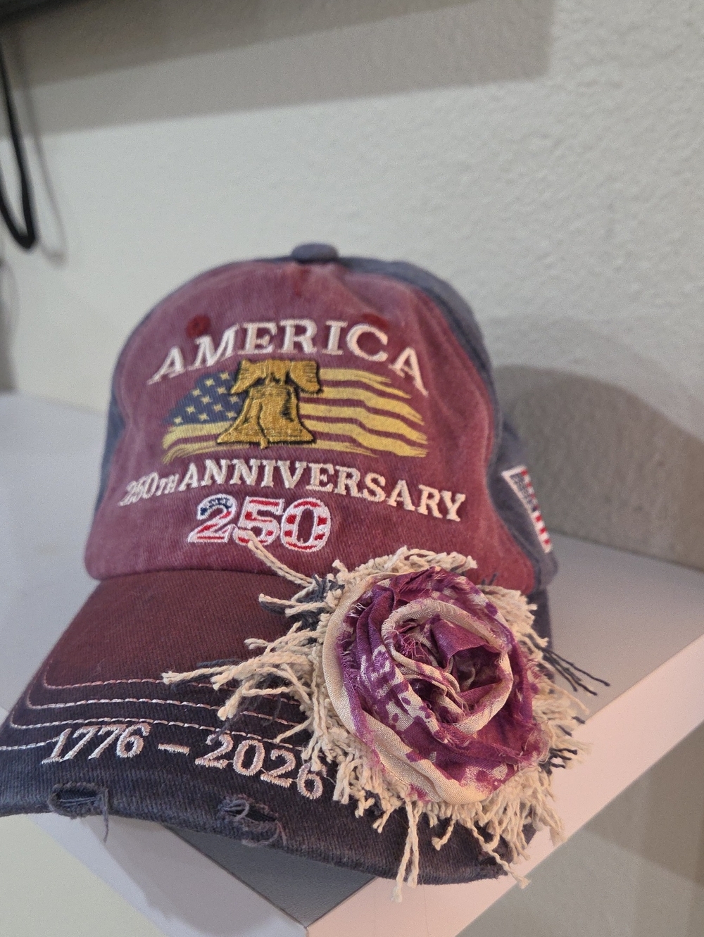 America 250th Anniversary Burgundy Embroidered Cap with Fabric Flower